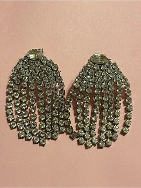 Vintage Rhinestone “JELLYFISH” Dangling Strands Waterfall Pierced Earrings #9316